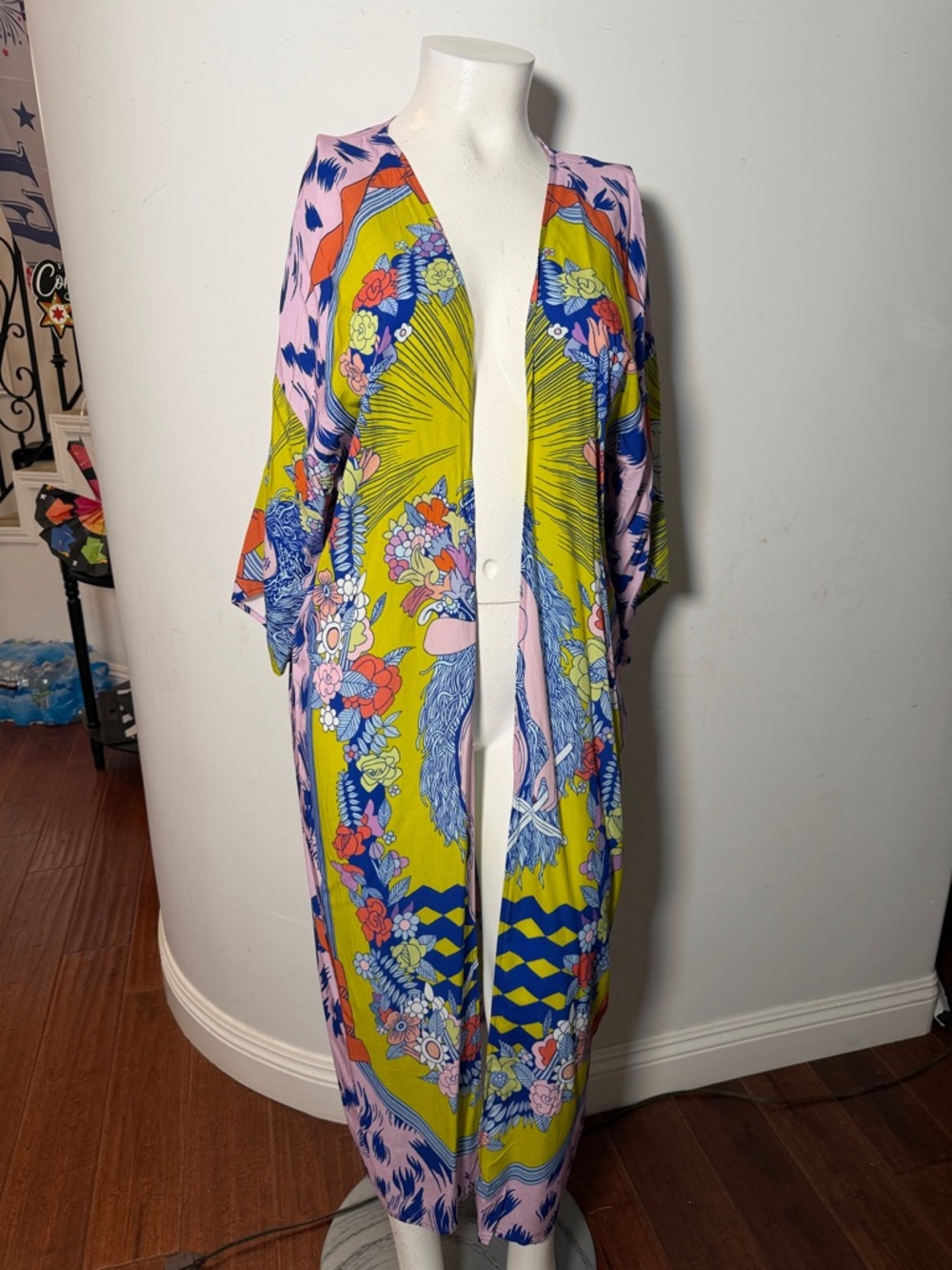 Vibrant Floral Print Long Kimono Dress - Pink, Lime & Blue